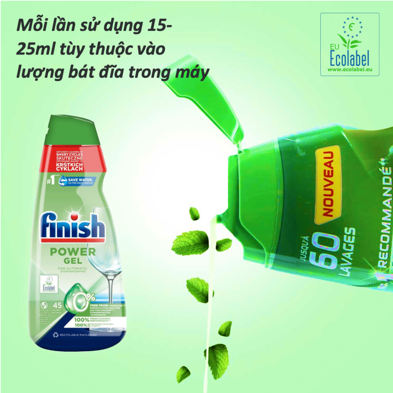 Combo 3 món Ecolabel: Gel rửa chén Finish 900ml, 1 chai Finish 400ml (0% Ecolabel EU), muối Finish 1,5kg (Làm mềm nước)